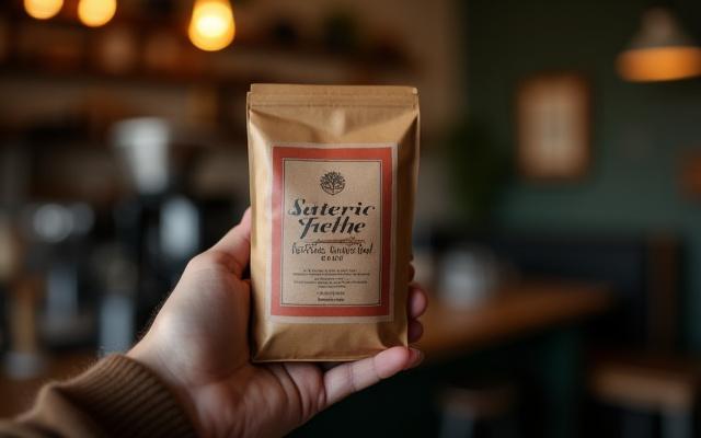 Kéz tart egy egyedi csomagolású specialty kávét, homályos háttérben kávézó