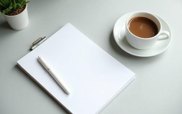 Egy asztal egy jegyzetfüzettel, tollal és egy gőzölgő kávéval, munkahelyi környezetben
