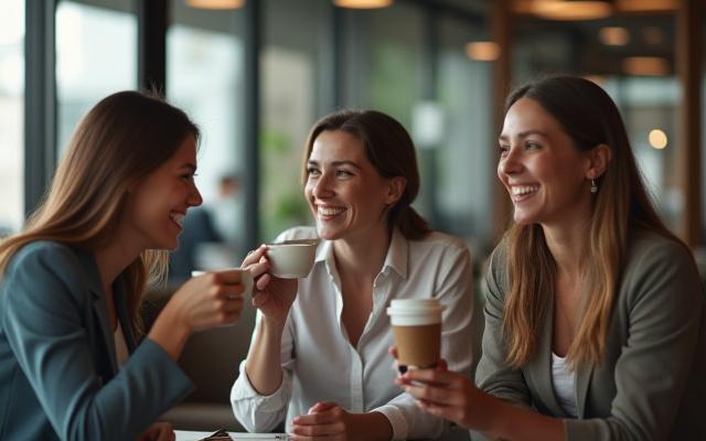Kollégák kávéznak vidám hangulatban egy modern irodában