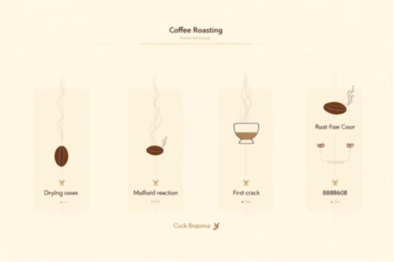 Infografika a kávépörkölési fázisokról: szárítás, maillard reakció, első roppanás, különböző pörkölési szintek