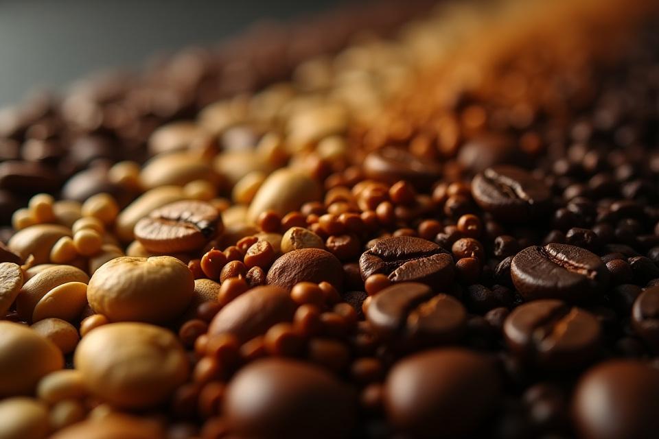 Különféle pörkölésű kávébabok egymás mellett, világostól sötétig, professzionális beállításban