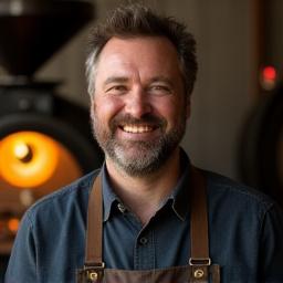 Kávé szakértő és pörkölőmester: Tóth Gábor portréja, mosolyogva, kávépörkölő gép előtt.